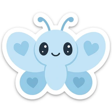 blue butterfly with blue hearts on its wings, cute cartoon style sticker