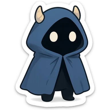 character with a blue cloak, black body, white eyes, cute little horns peeking out from under the hood, consistent style sticker