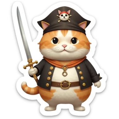 Anthropomorphic, cute fat cat pirate, dynamic, Q version proportions, form by Jon Klassen and Nicola Kinnea full body, rich details 8k, isolated on white background sticker