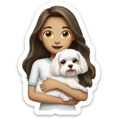 Brunette girl long hair holding a white  Maltese dog sticker