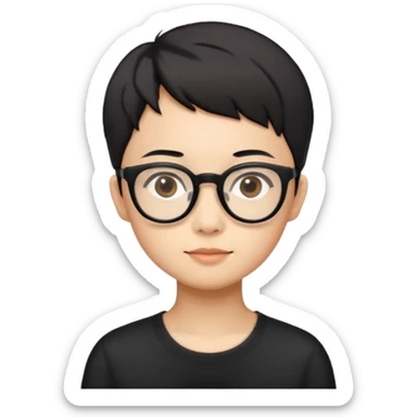 singapore chinese, black very short hair, wear black frame glasses, relatively thin, pokey face sticker