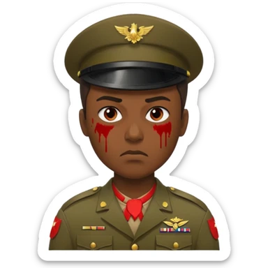 soldier, very dark skin tone, scowling, blood splatter on left cheek sticker