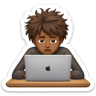 Create an emoji of a tired person sitting at a laptop, looking exhausted and frustrated. They have slouched posture and messy hair, representing overwork and burnout. sticker