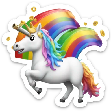 unicorn with a shotgun barrel as a horn throwing up a rainbow sticker