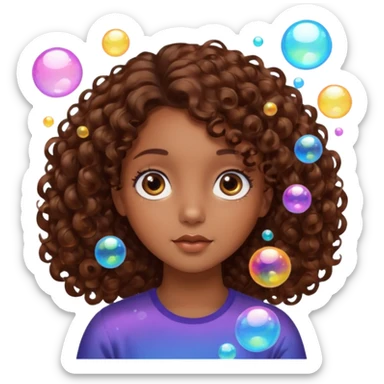girl with brown curly hair in a side part with big brown eyes looking off to the side with bubbles on both sides of her sticker