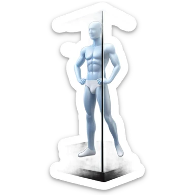 male mannequin abs cubes inside a glass cube on a stand isometric view sticker