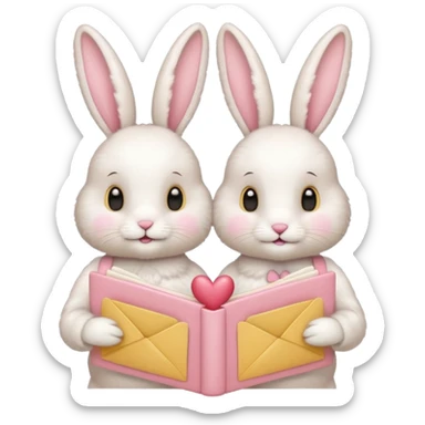 Two bunnies holding one Valentine card in soft pink, beige and yellow pastel colors sticker
