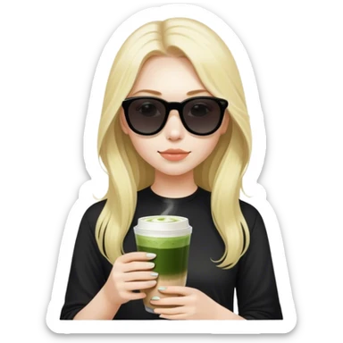 Blonde girl with pale skin and long hair with black sunglasses in black shirt and matcha latte sticker