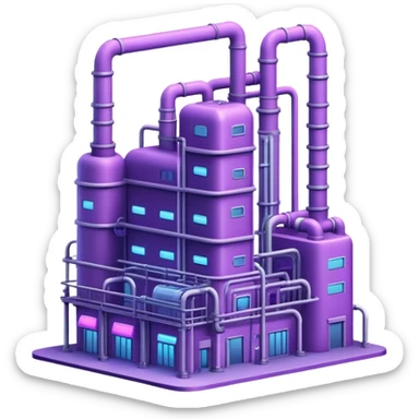 AI-powered factory. It should be a building with pipes. Add light violet neon glowing symbolizing power of AI sticker