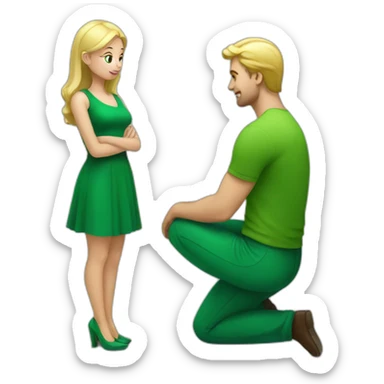 Blonde Woman in green on knees facing standing man sticker