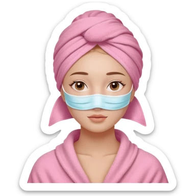Clean girl influencer character, chest-up portrait, wearing a pink towel wrapped around the head,  skincare mask on her full face, relaxed confident expression, soft glow skin, minimal chic aesthetic, subtle beauty accessories, calm self-care vibe sticker