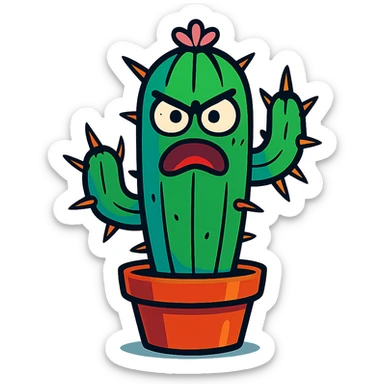 colorful cartoon cactus plant with spines, tall and thin shape, angry expression sticker