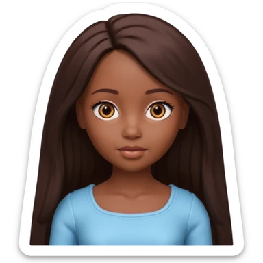 Boneca digital em estilo 3D realista e fofo, semelhante a uma boneca colecionável. Mulher jovem com pele negra, olhos castanhos escuros, cabelo liso cor chocolate, longo e bem alinhado.  sticker