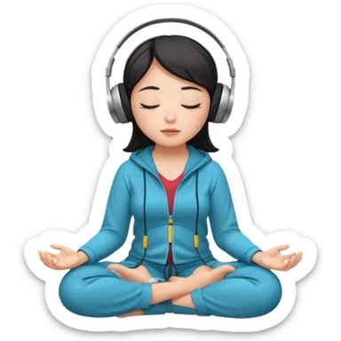 An East Asian woman🧘🏻‍♀️ is sitting cross-legged in a meditation pose, wearing Apple headphones🎧 and listening to music. The song is so beautiful that she has her eyes closed and tears streaming down her face. sticker