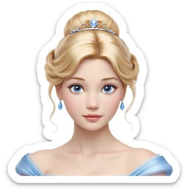 Cinematic Realistic Cinderella Portrait, depicted with lifelike skin texture, subtle rosy undertones, and soft natural lighting that enhances the gentle contours of her face. Her intricately detailed golden blonde hair is elegantly styled in an updo, with delicate wisps framing her face for added realism. Her deep, expressive blue eyes radiate warmth and sincerity, reflecting a quiet resilience and grace. She is dressed in her iconic ball gown, the fabric shimmering with intricate embroidery and fine translucent layers that catch the light beautifully. The soft sheen of satin gloves and the delicate sparkle of a glass-like slipper peeking from beneath her dress add a touch of magical realism. The portrait features an enchanting glow with a natural, luminous finish, seamlessly blending realism and fairytale charm to evoke a sense of depth, elegance, and timeless beauty. sticker