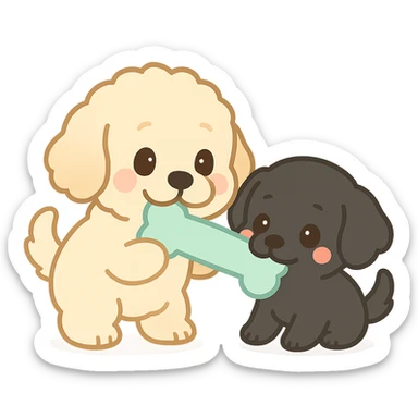 large light cream colored goldendoodle and small black golden retriever, chibi style, tugging on a toy together sticker
