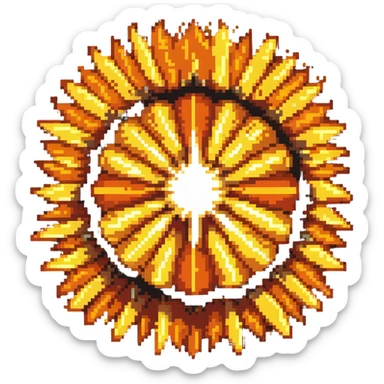 Bomberman explosion center tile, bright fiery explosion core with yellows and oranges radiating from center, 90% of tile with subtle glow effect, clean pixel art edges, slight transparency at edges sticker