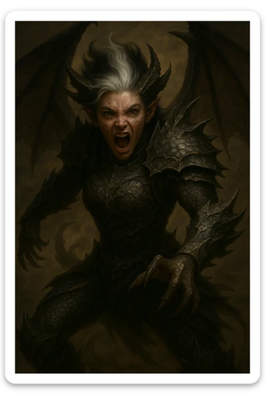 Make the character a girl, keep hybrid human-dragon features, with silver hair fading to black at the top, in a dynamic pose. Capture the energy and movement of the pose with the hybrid fantasy elements. sticker