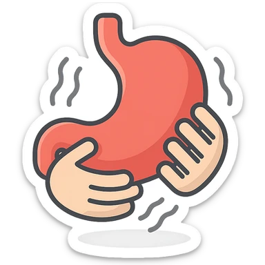 stomach with pain, hands holding stomach, waves of pain, 2d isometric style, shadows and highlights, no face or legs, transparent background sticker