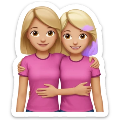Two Girls with their arms around each other at summer camp one blonde one brown hair wearing pink shirt smiling  sticker