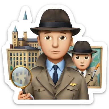 Icon for Detective Movies: A colorful collage featuring Daniel Craig as an inspector, with a magnifying glass, fedora hat, cigarette, and a mysterious city backdrop. Include a board with photos of suspects, fingerprints, and a crime scene. Retro movie poster style. Transparent background. sticker