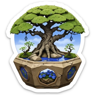 Alien spacecraft hanging-vines landscape mudman very old broken cracked intricate Stone Age rocky-crusted irregular dodecagon-shaped shallow dark moss rough bark blue willow flowered maple tree bonsai pot sticker