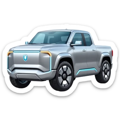 A futuristic electric pickup truck emoji, silver chrome body, angular cyber design, smooth metallic panels, subtle reflections, minimalistic proportions, iOS emoji style, centered composition, clean white background, soft lighting sticker