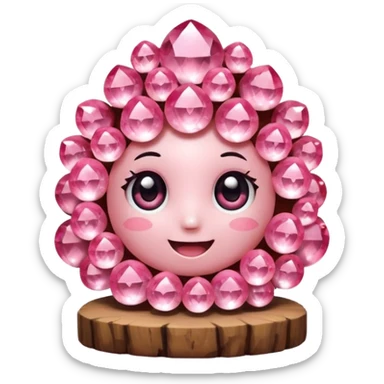 A single cute pink crystal cluster character, chunky round base with many tall rose-pink crystal quartz cluster imperfect, on the front of the base a kawaii face with big shiny eyes and a happy open smile very shiny sticker