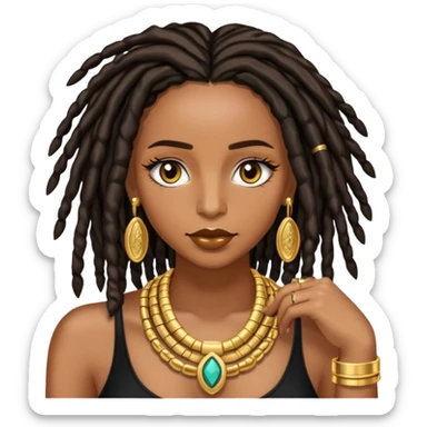 Brown skin women with black shoulder length locs, eyelashes and a lot of gold jewellery  sticker