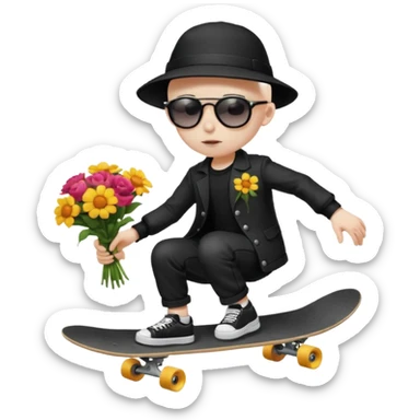 ["A sad boy with pale skin, bald, wearing a sunhat and sunglasses, dressed in goth fashion, is skateboarding while holding a flower bouquet."] sticker