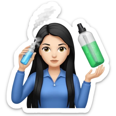 A white woman with long, straight black hair, holding a spray bottle in one hand and misting it toward her hair. sticker