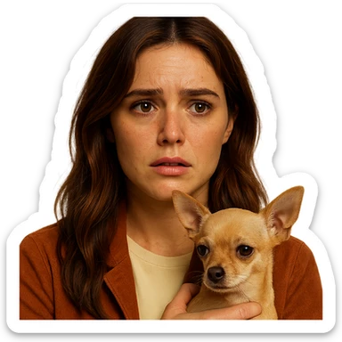 Portrait for Instagram profile picture inspired by the facial features visible in the reference images, with a tanned complexion, subtle freckles, wearing a shirt color #FFF8CA and a rust-colored jacket, medium-length brown hair with auburn highlights, anxious and worried expression, holding a beige-brown chihuahua, in the style of a Netflix series, intimate Tenerife ambiance, transparent background. sticker