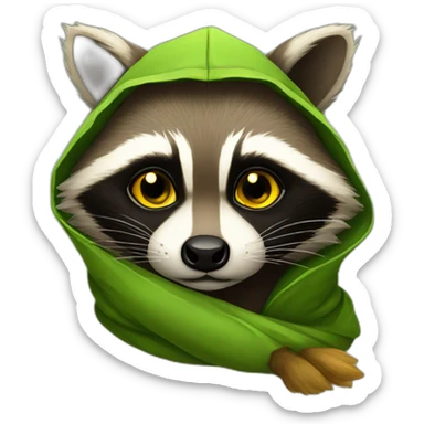 brown raccoon with yellow eyes and a green hood that sadly sticker