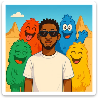 Add the four colorful furry background characters (green, red, blue, yellow) from the 'WITH YOU' album cover behind Omah Lay in a cartoon emoji style, making them fun and expressive. The style should resemble colorful cartoon emojis with a playful and lively vibe. sticker