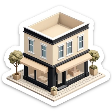 Isometric exterior little black, beige, and white clothing boutique, dollhouse style 3D realistic  sticker