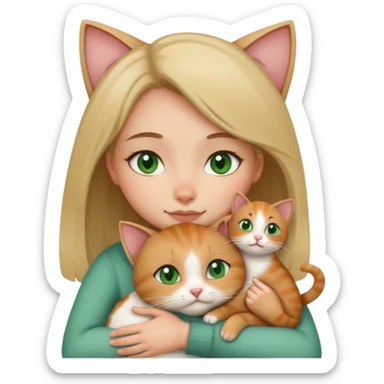 A girl with a square with a mole on her right cheek and square-green eyes hugs a cat sticker