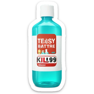 Turquoise Mouthwash bottle with white stickers and brown tap . the white stickers have small red letters that say kills 99% of batería  sticker
