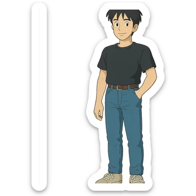 man in jeans and black t-shirt, standing, black hair, transparent background, ghibli style sticker