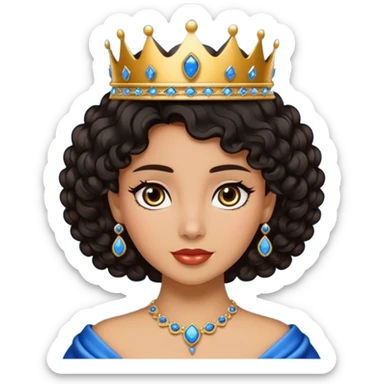 Por favor hazme el emoji de la princesa pero morena con el pelo negro y rizado, los ojos marrones y la corona plateada con jollas azules sticker