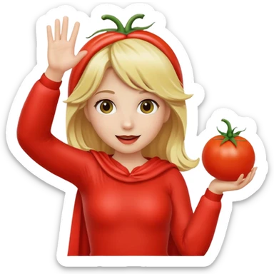 Blonde girl in tomato costume waving high sticker