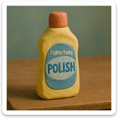 claymation style close-up of Pledge-like furniture polish bottle on a wooden table, soft lighting, pastel colors sticker