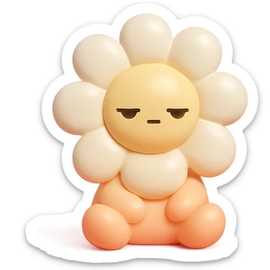 creamy white daisy flower with sleepy half-lidded eyes, sitting down with a blank stare, extremely soft round pastel character, vinyl figure style sticker