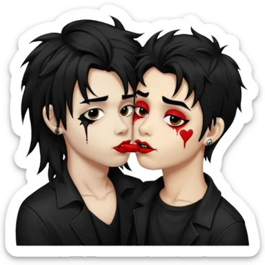 Laughing pale Goth boy with a bunch of face piercings, with shaggy dark brown hair, and messy black eyeliner , smudged, red, lipstick , kissing tan boy with long black hair  sticker