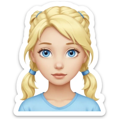 a girl with blue eyes, pastel yellow wavy hair in a ponytail, clean girl makeup sticker