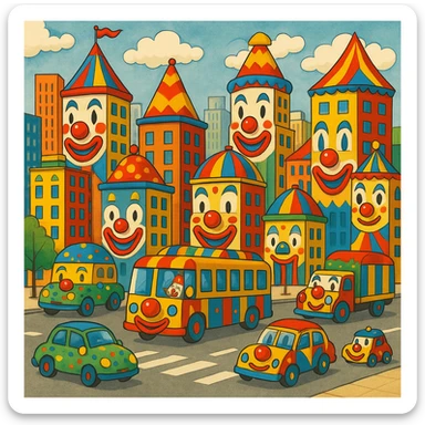 a cityscape where all buildings and vehicles have clown faces and circus colors, playful and absurd sticker
