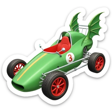 Special air-cooled three cylinder race car whose frame and suspension is made of shopping cart material with a large gas tank, and rear spoiler, is being professionally steered/driven by a small dragon  sticker