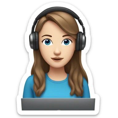 white girl at desk, brown hair, blue eyes, computer, headphones sticker