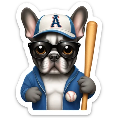 A French bulldog with a baseball bat and a baseball cap on with dark sunglasses sticker