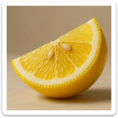 realistic lemon wedge, shiny peel, visible seeds, photographic rendering sticker