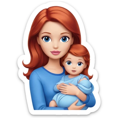 A barbie girl with makeup with brown hair with a baby, a daughter, a girl with red hair, holding her hand in blue clothes sticker